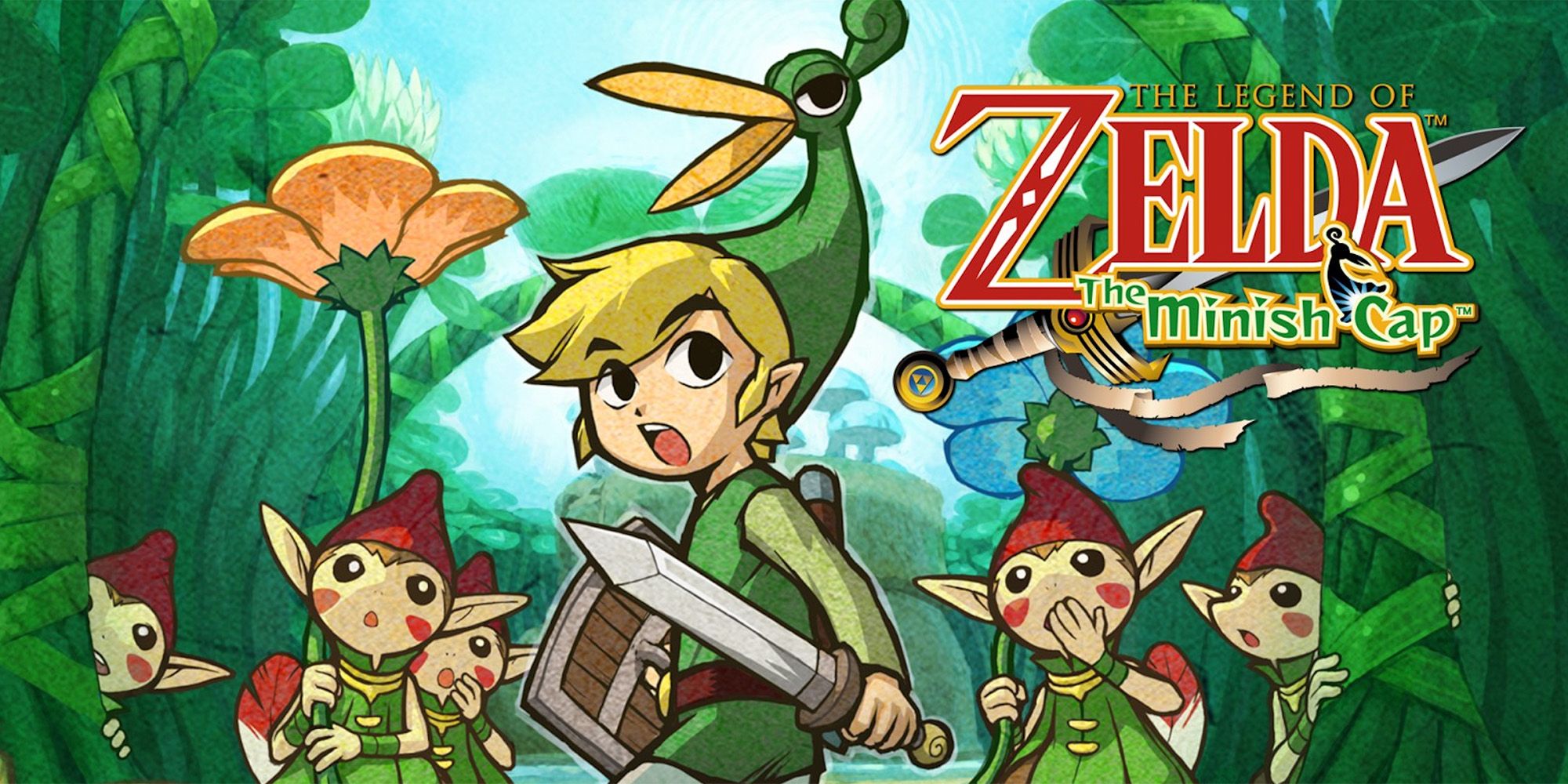 Link and Ezlo surrounded by Minish in The Legend of Zelda: The Minish Cap.