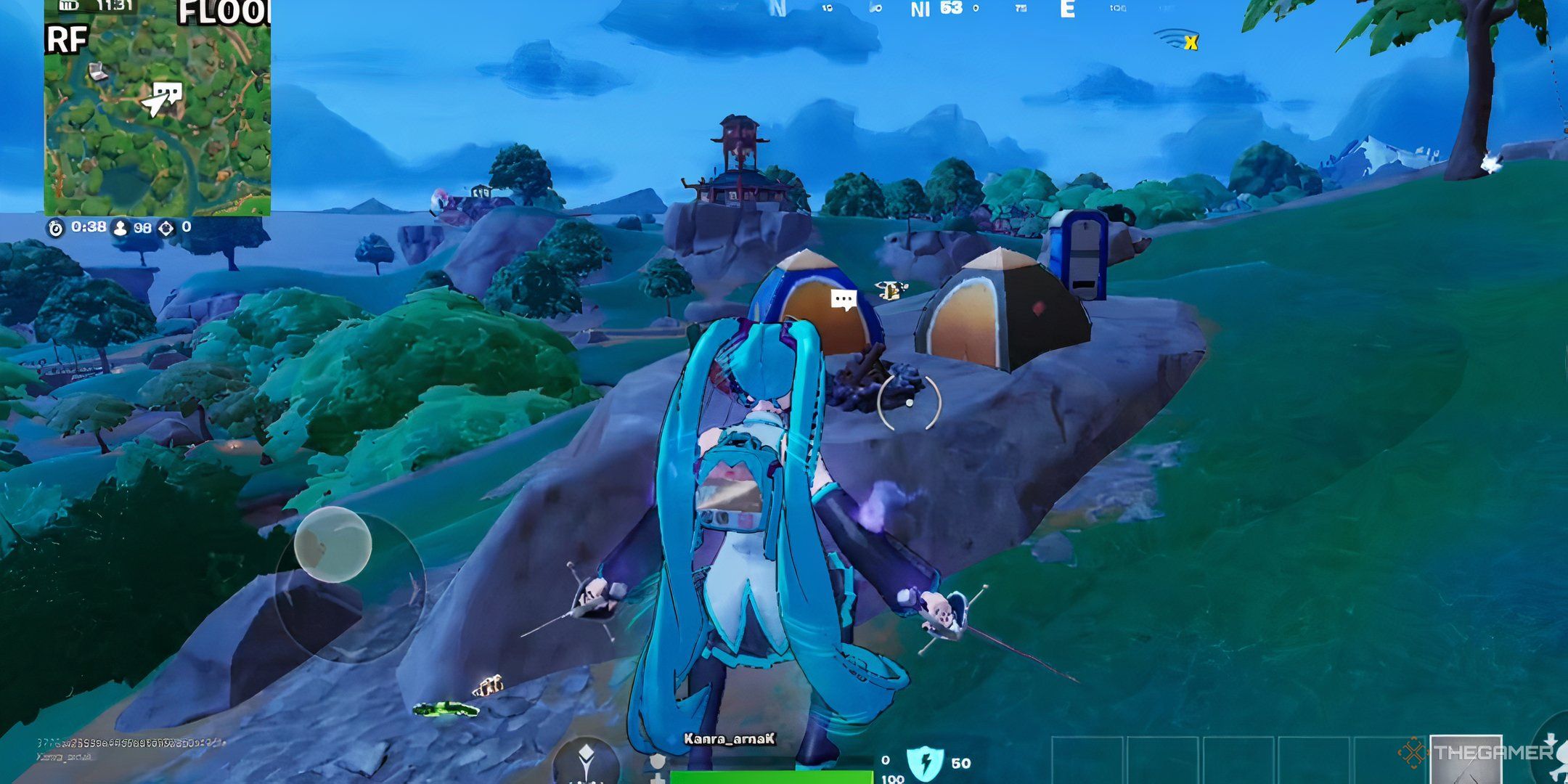 Hatsune Miku jumping toward two tents where Sub-Zero lives in Fortnite Chapter 6 Season 2.