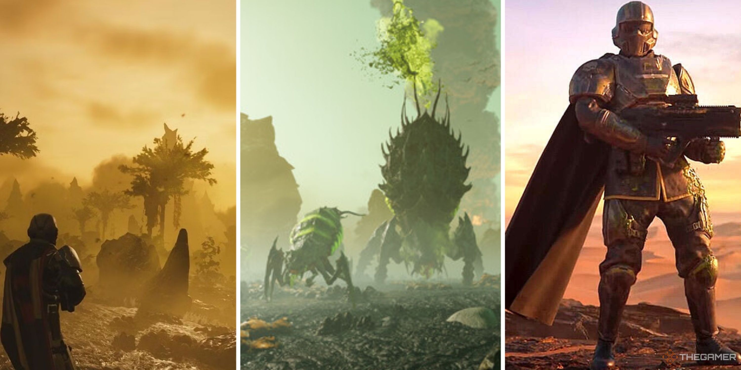 Helldivers 2 Split Image featuring Terminid hordes and Helldivers posing.