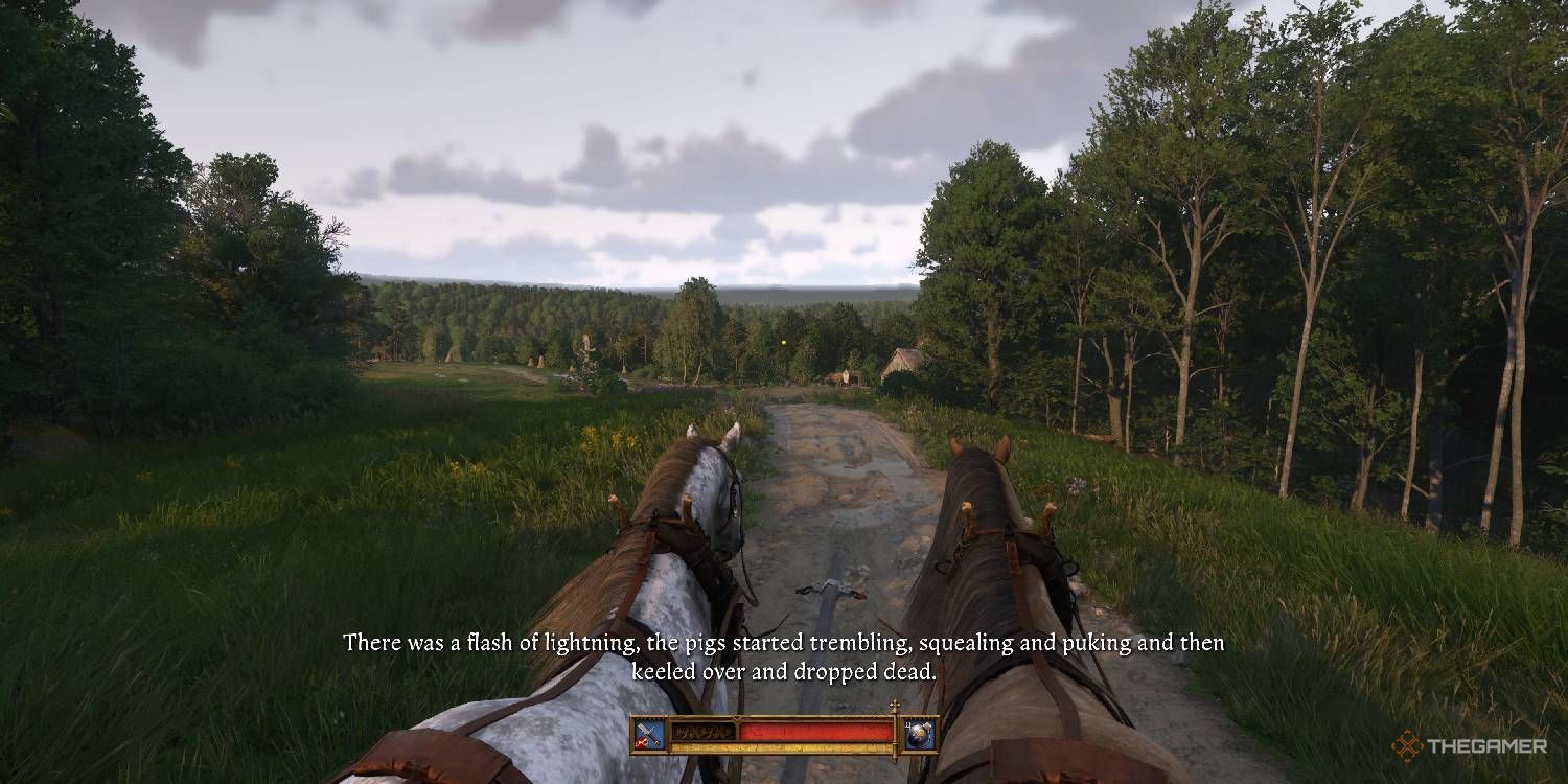 Henry riding the gravedigger's carriage in Kingdom Come: Deliverance 2.