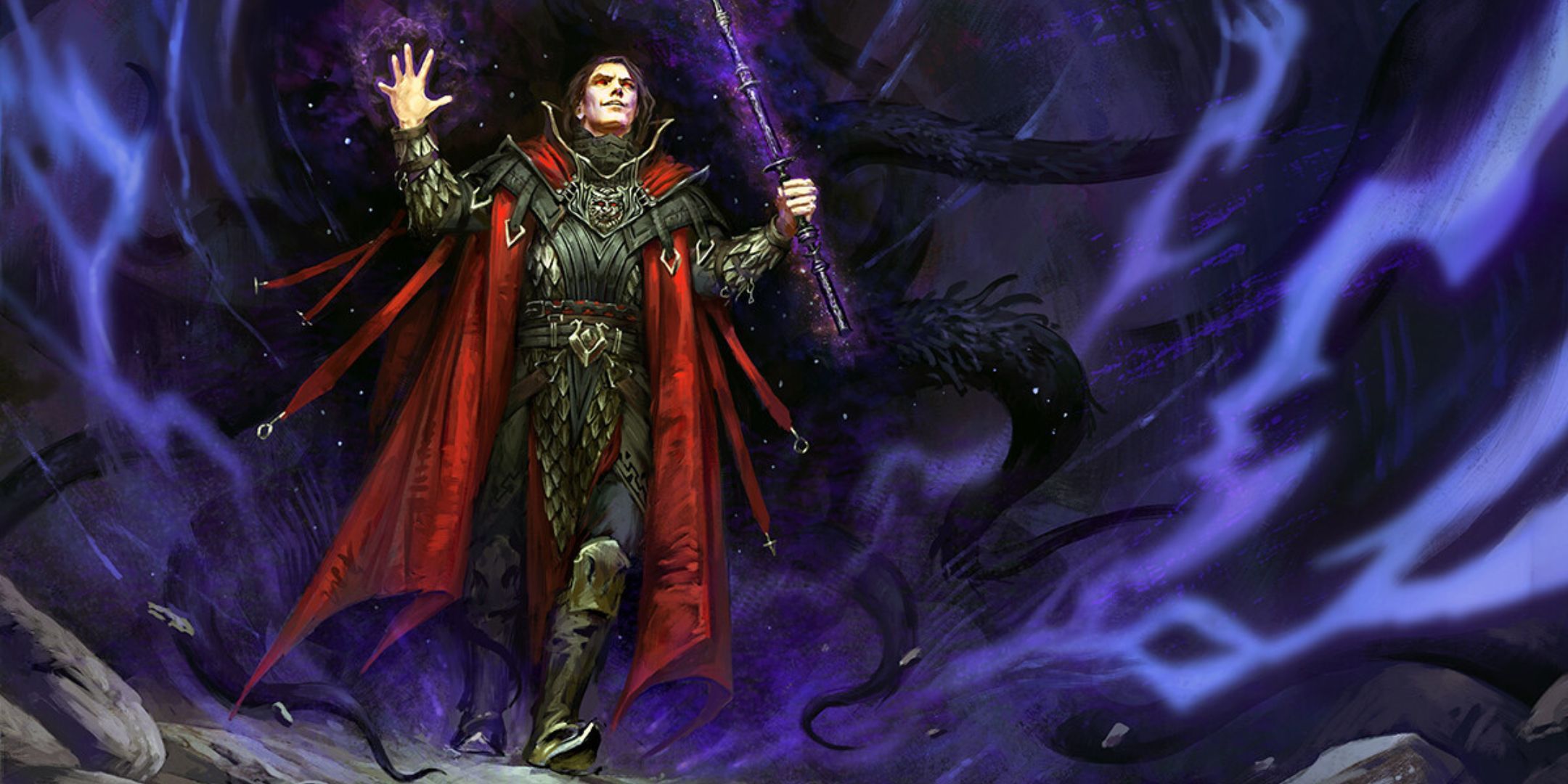 A warlock in red cape emerges from darkness and tentacles in D&D.