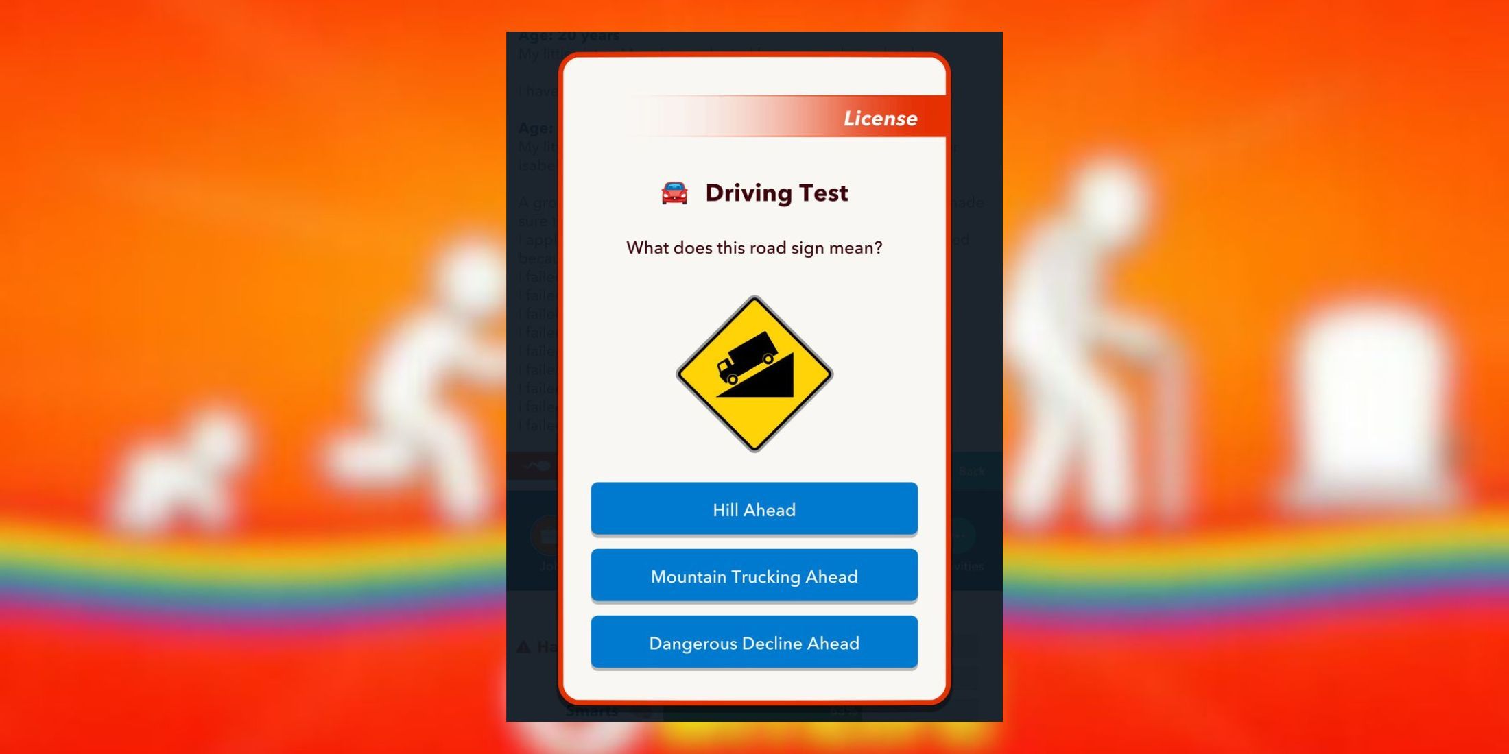 hill ahead sign in driving test bitlife