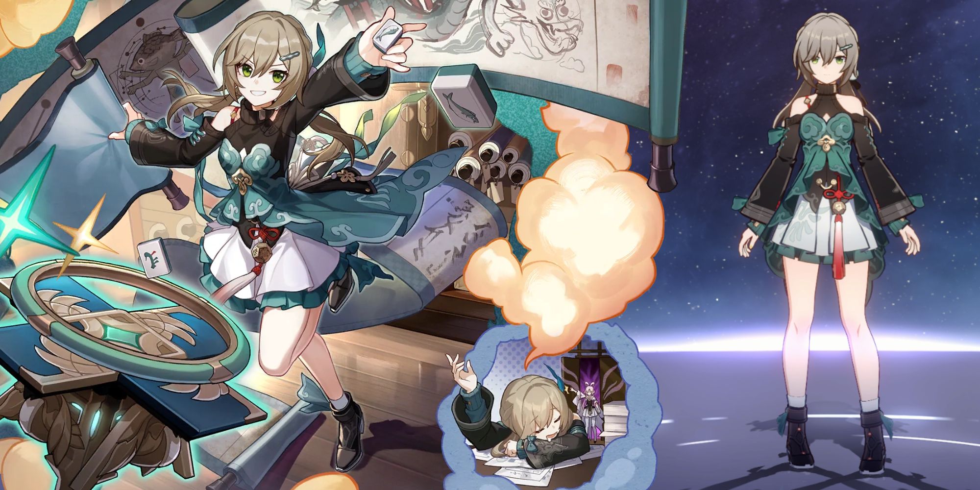 Qingque splash art over the character in the Honkai Star Rail game menu.