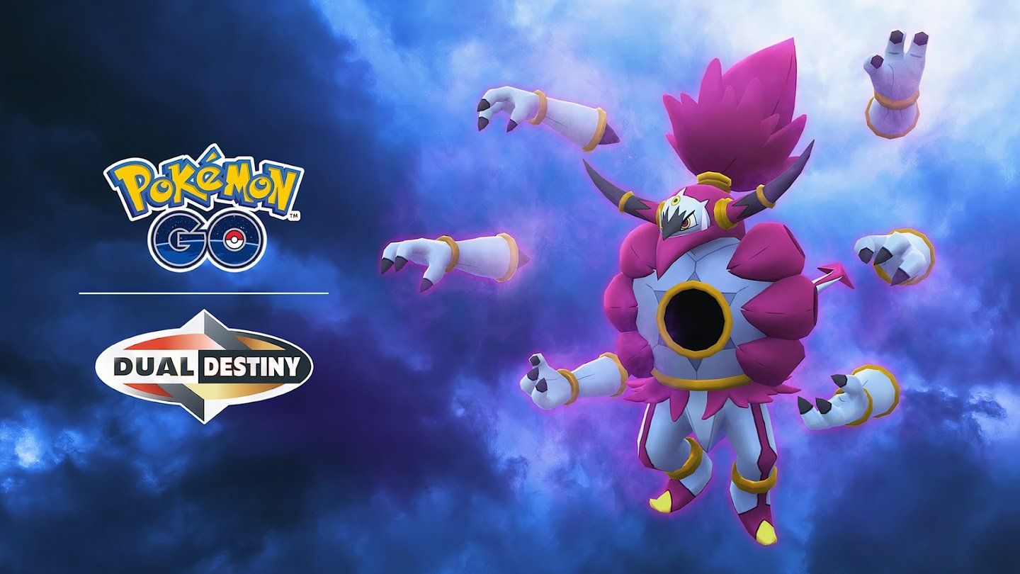 Image of Hoopa Unbound with dark clouds in the background.