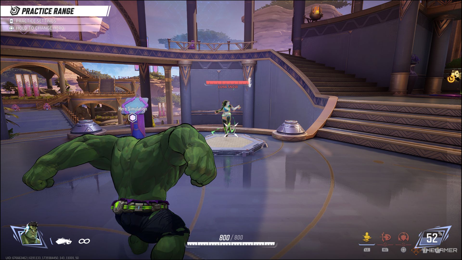 Hulk stunlocking Luna Snow with green gamma in Marvel Rivals' Practice Range.