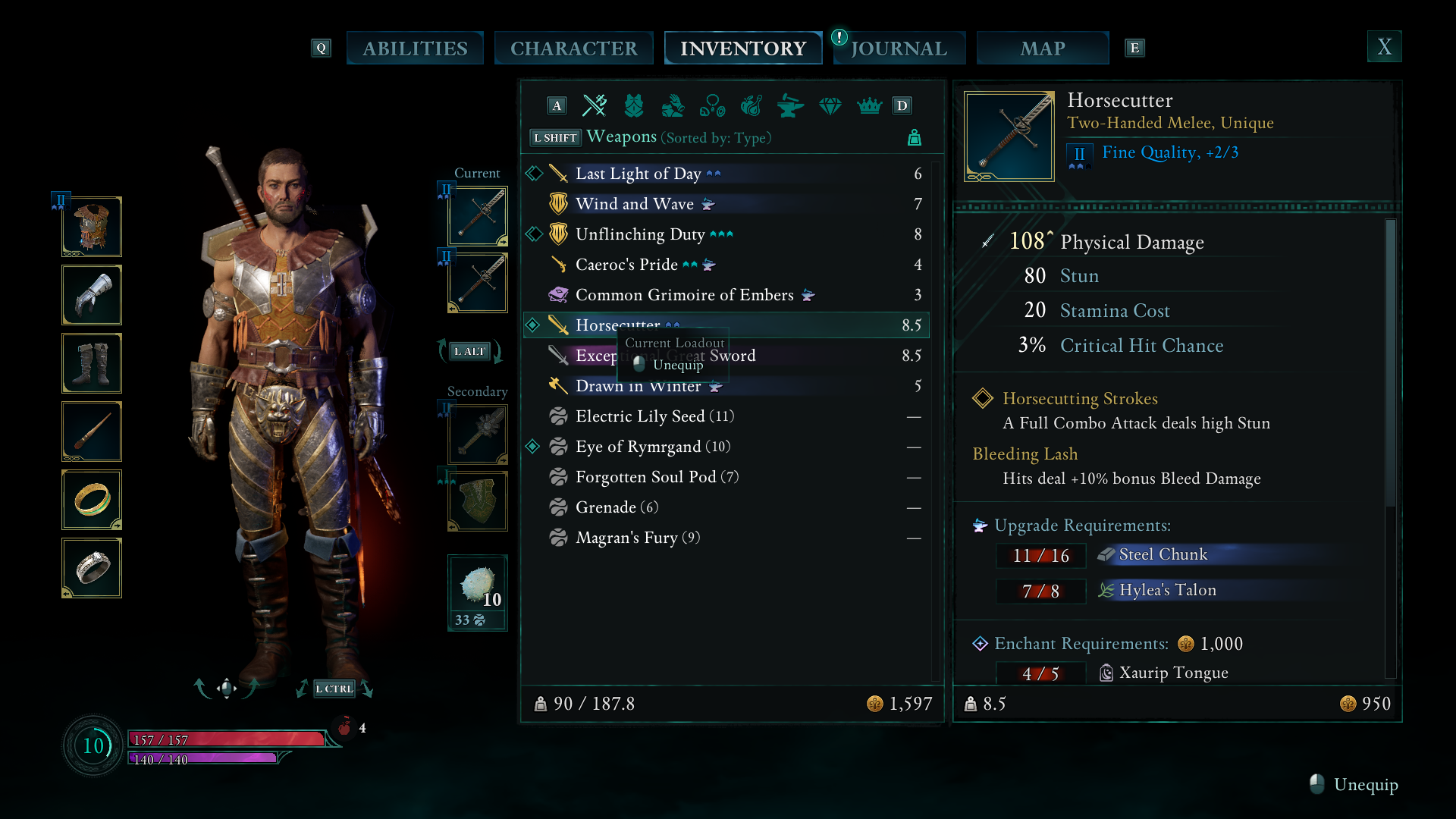 Avowed Horsecutter inventory screen