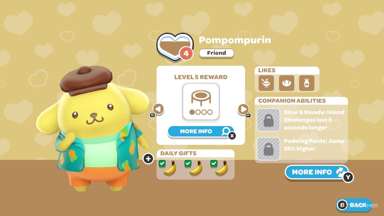 Pompompurin's Friendship menu in Hello Kitty Island Adventure.