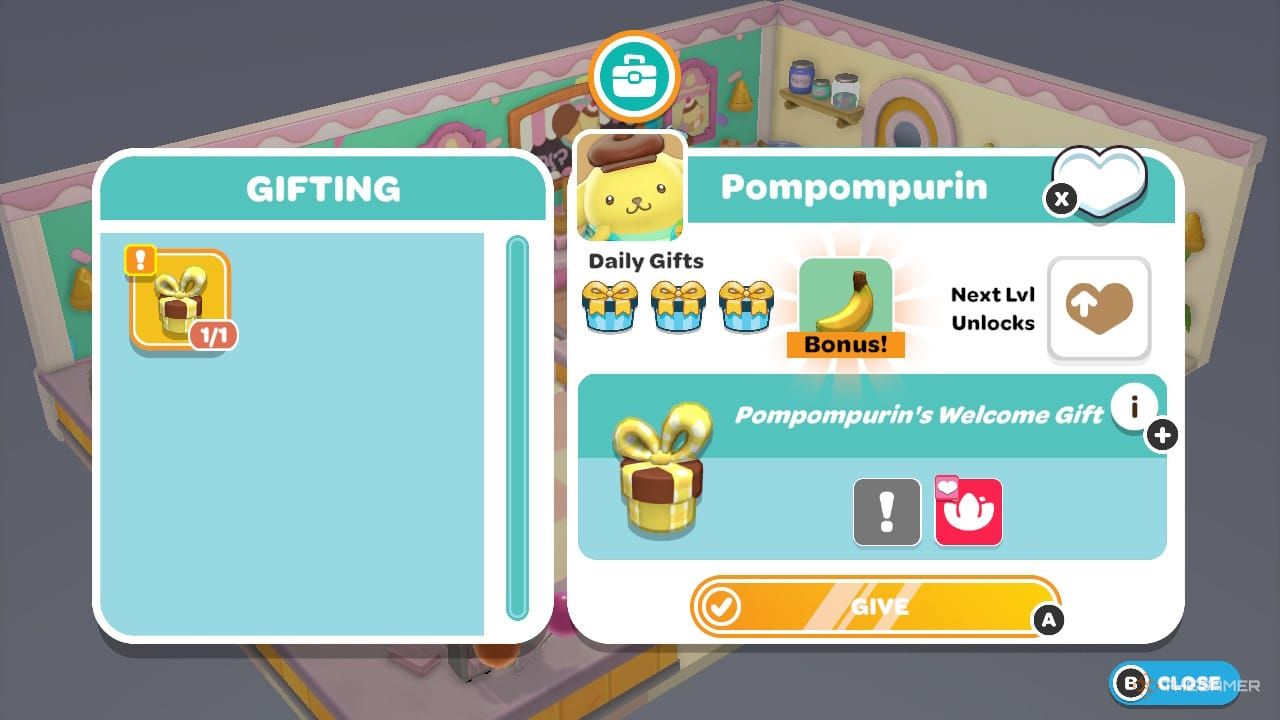 Selecting a gift to give Pompompurin in Hello Kitty Island Adventure.