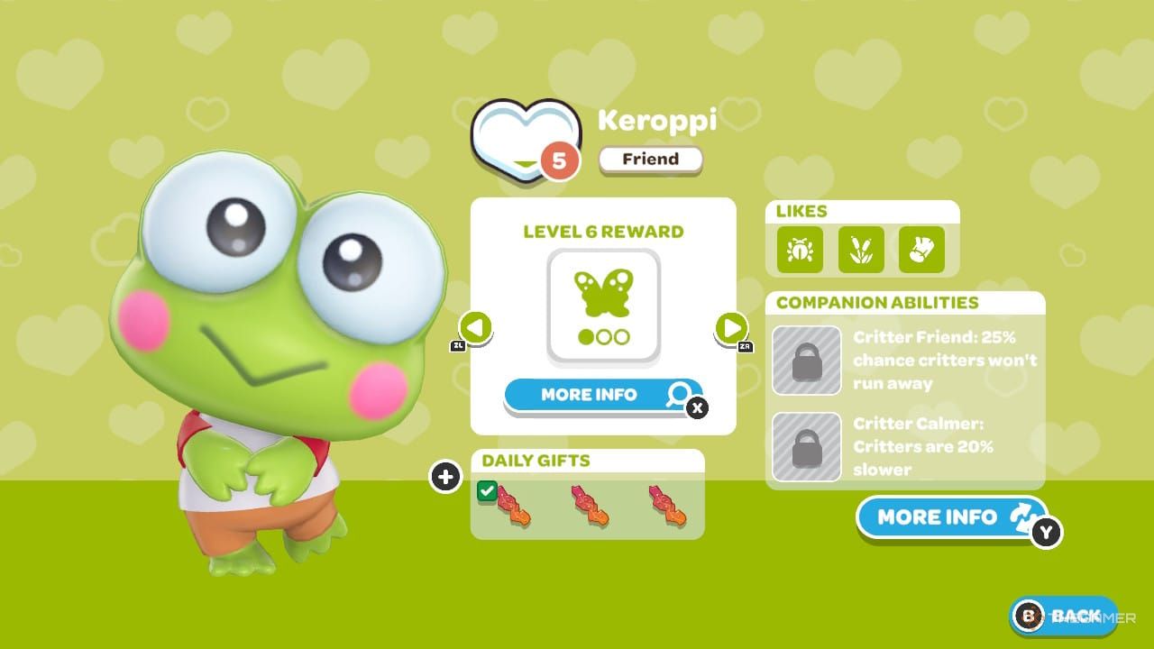 Keroppi's friendship menu in Hello Kitty Island Adventure.