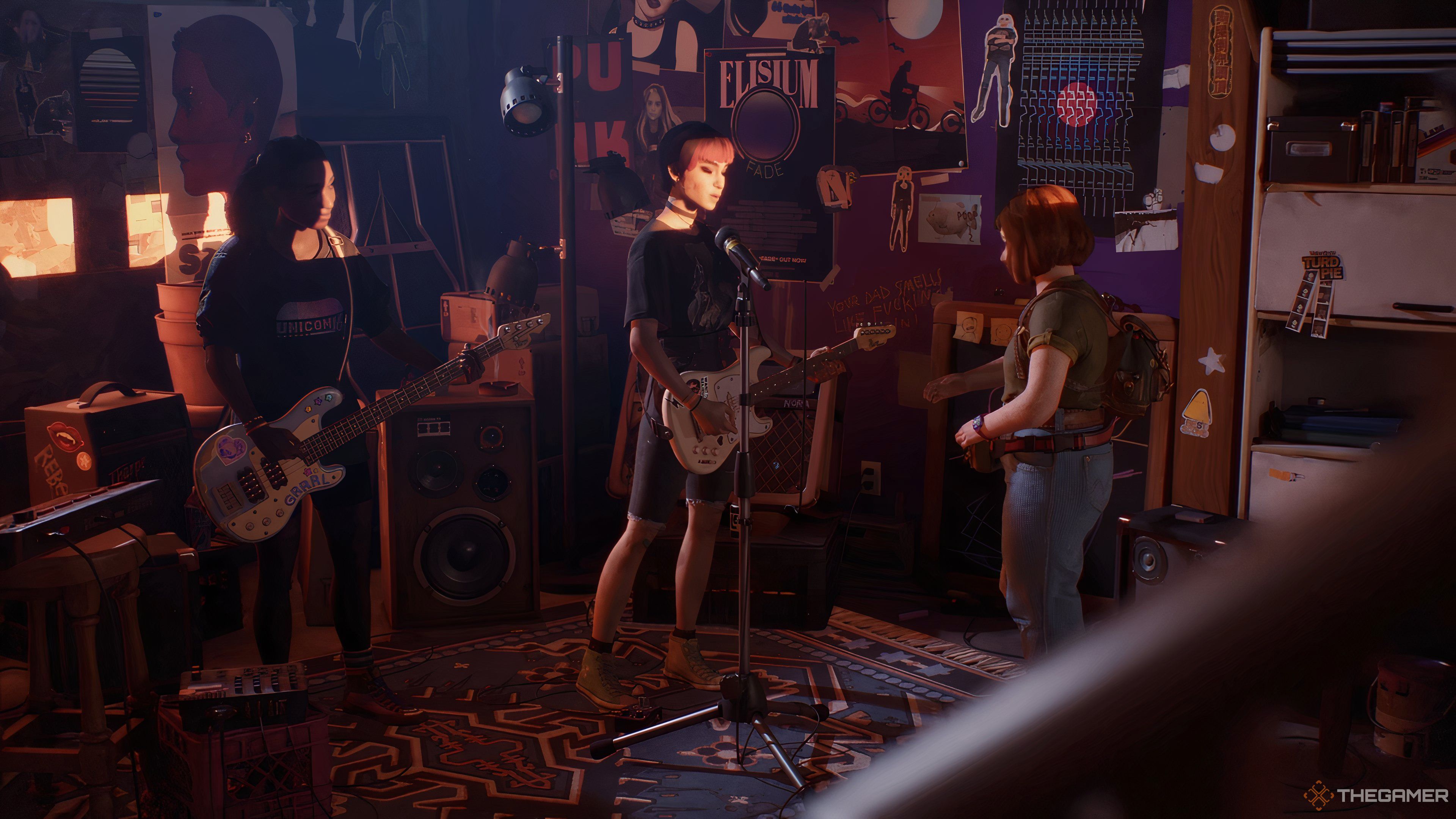 Swann talking to Autumn and Nora in Nora's garage in Lost Records: Bloom & Rage.