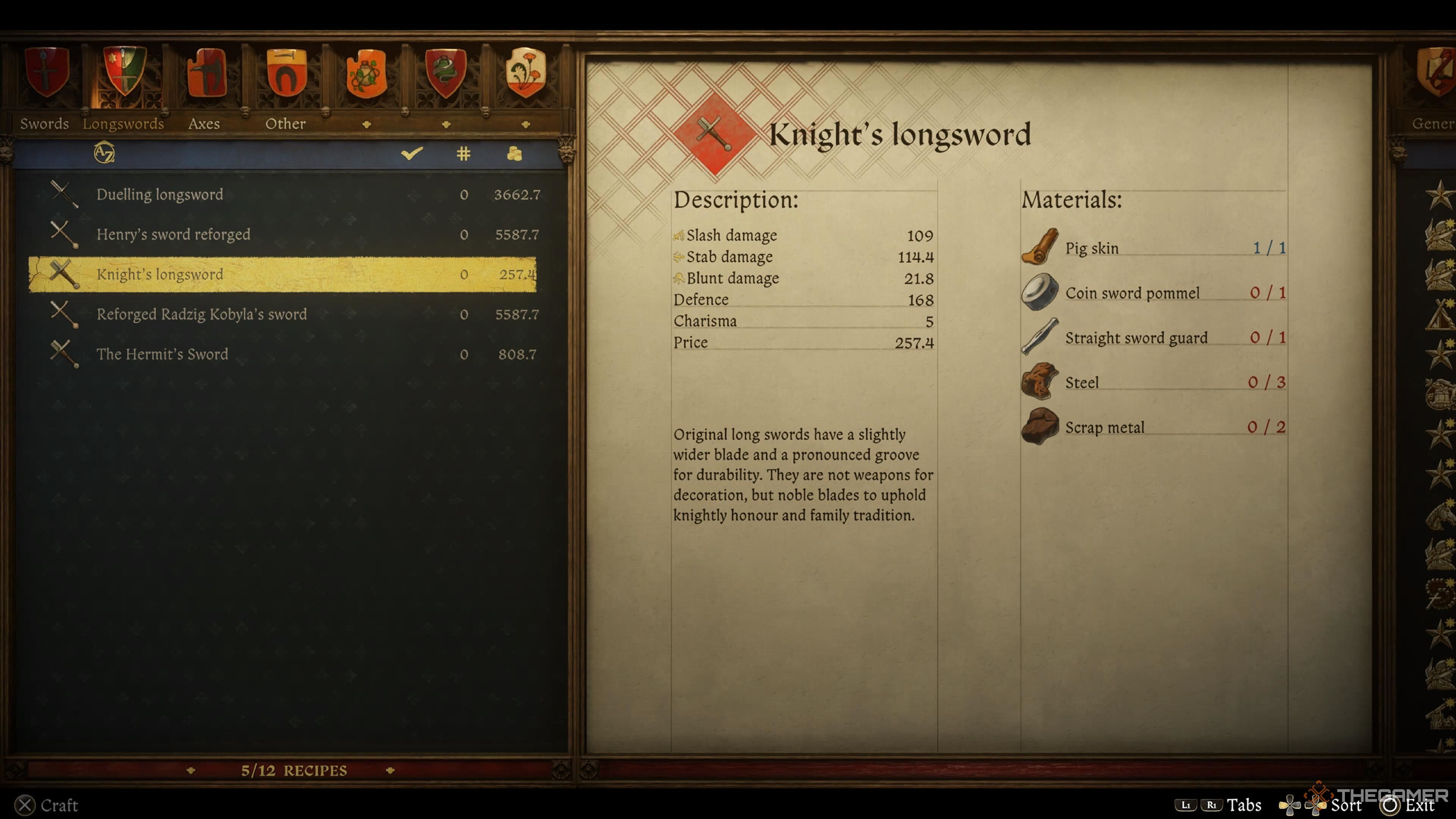 The smith recipe for a longsword in Kingdom Come: Deliverance 2.