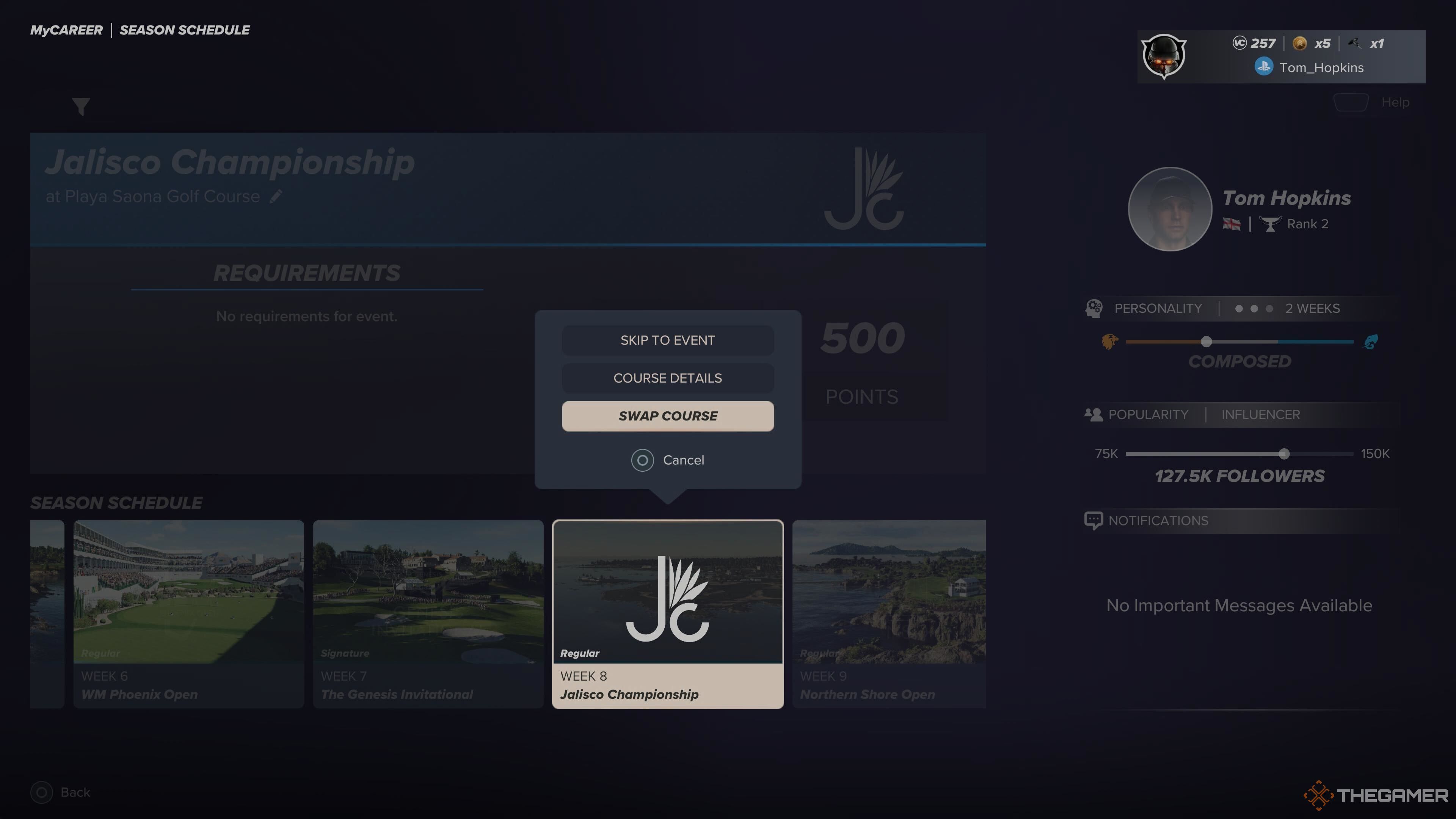 The option to change course in the menu in PGA Tour 2K25.