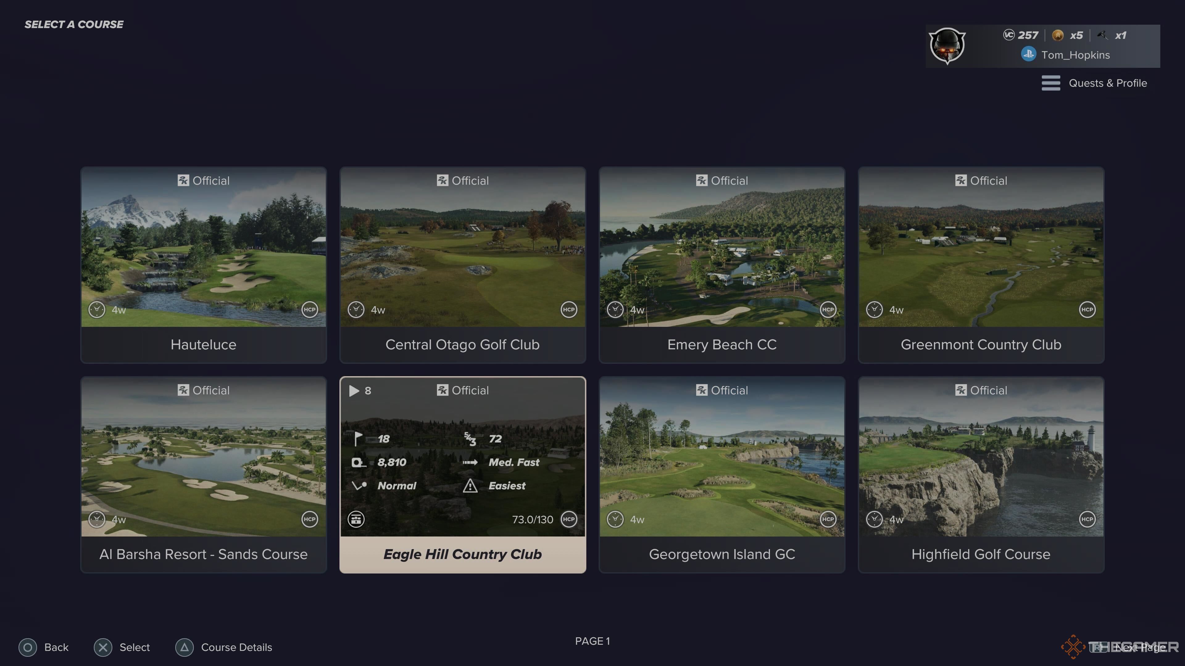 The course select screen in PGA Tour 2K25.