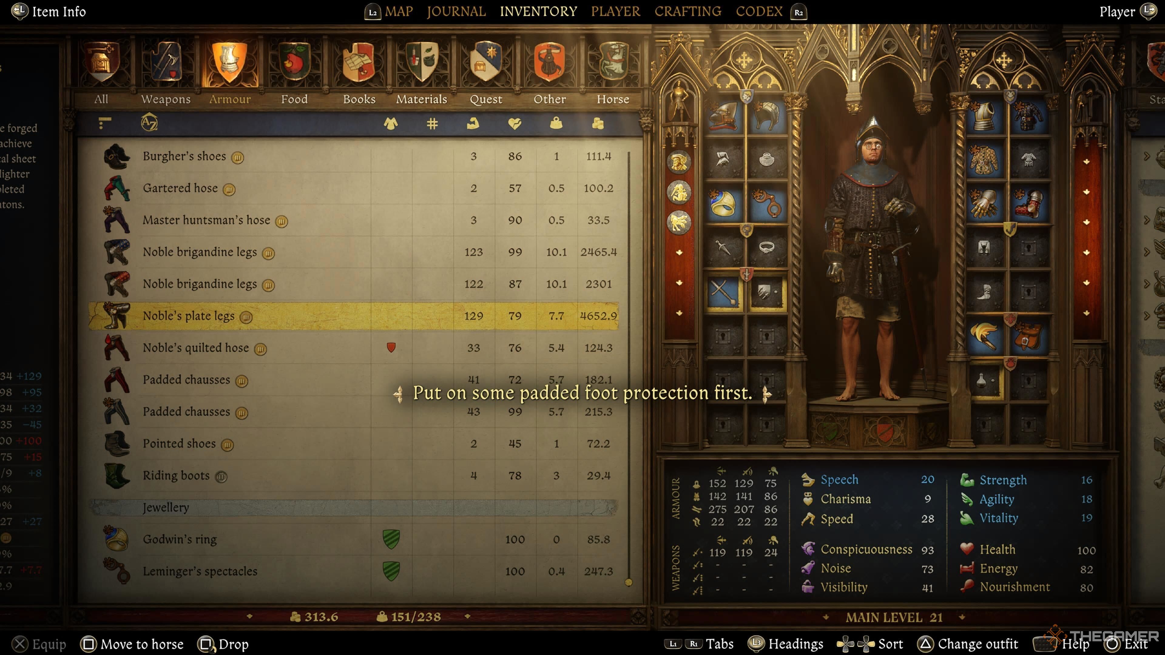 The inventory in Kingdom Come: Deliverance 2 with a padded foot protection warning.