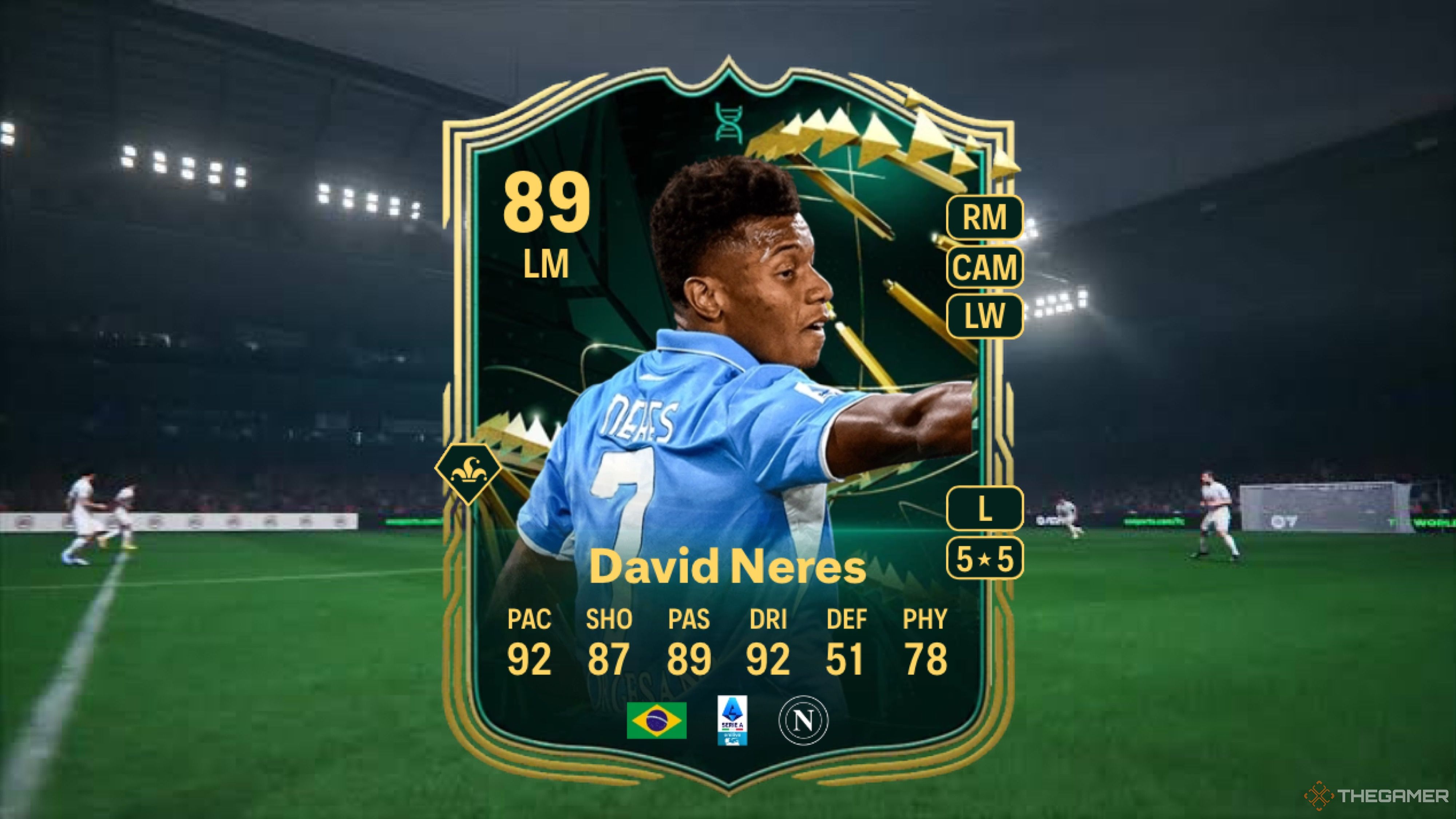 Image showing Neres card against a faded pitch background.