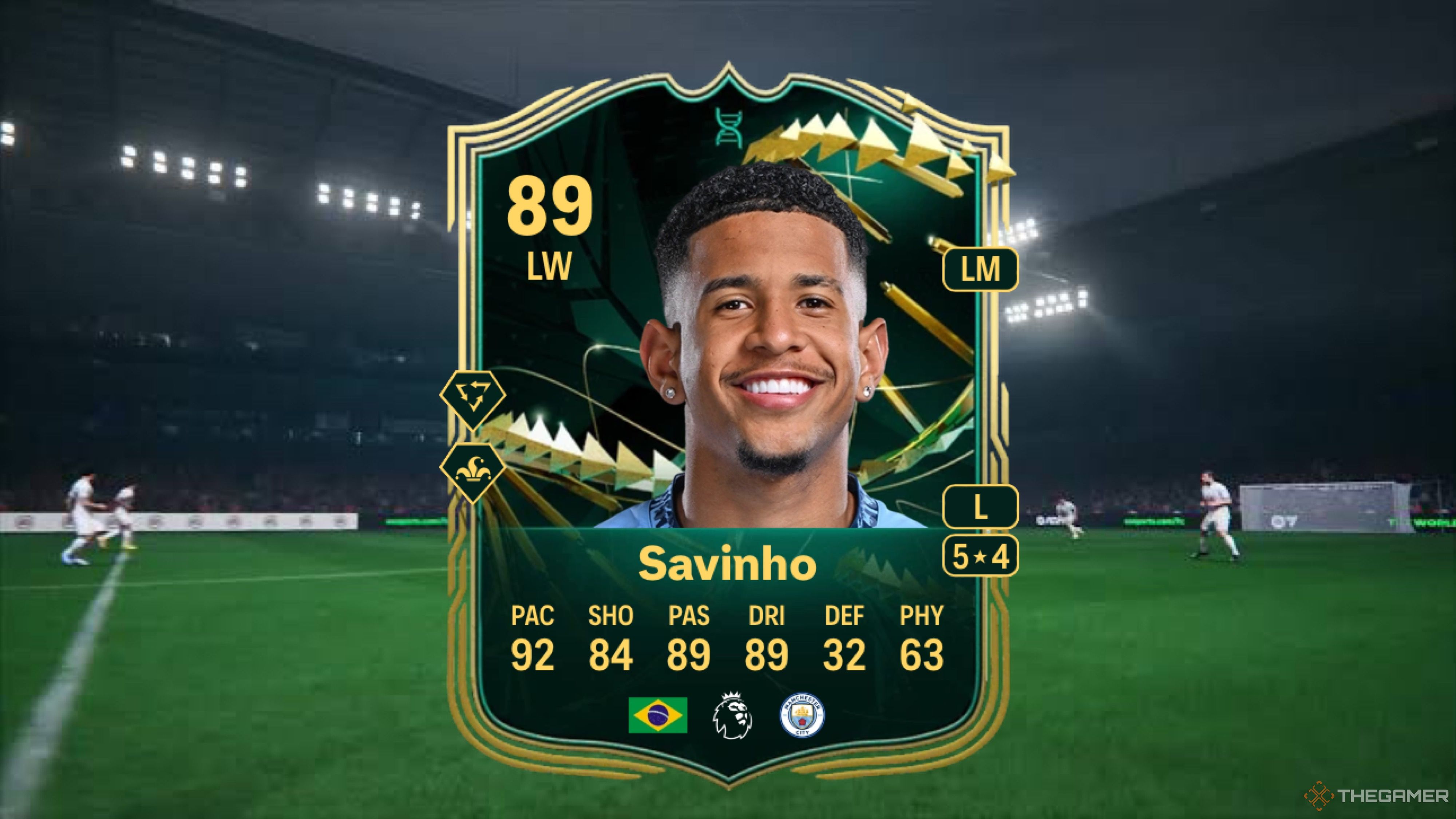 Image showing Savinho card against a faded pitch background.