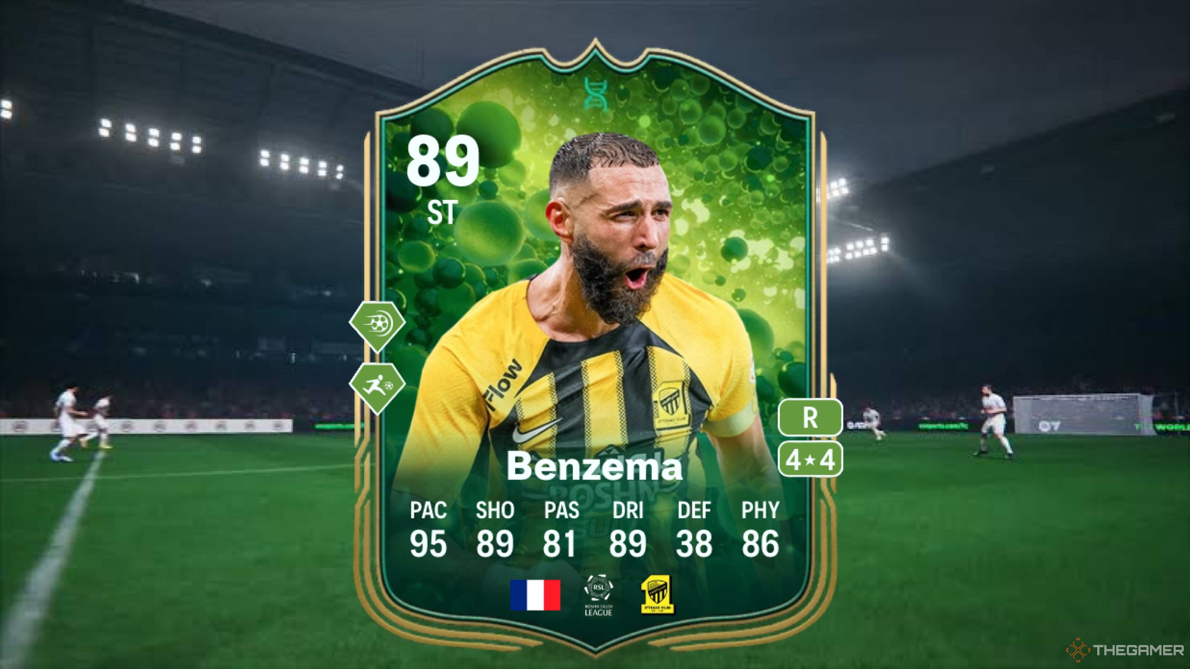 Image showing Benzema card against a faded pitch background.