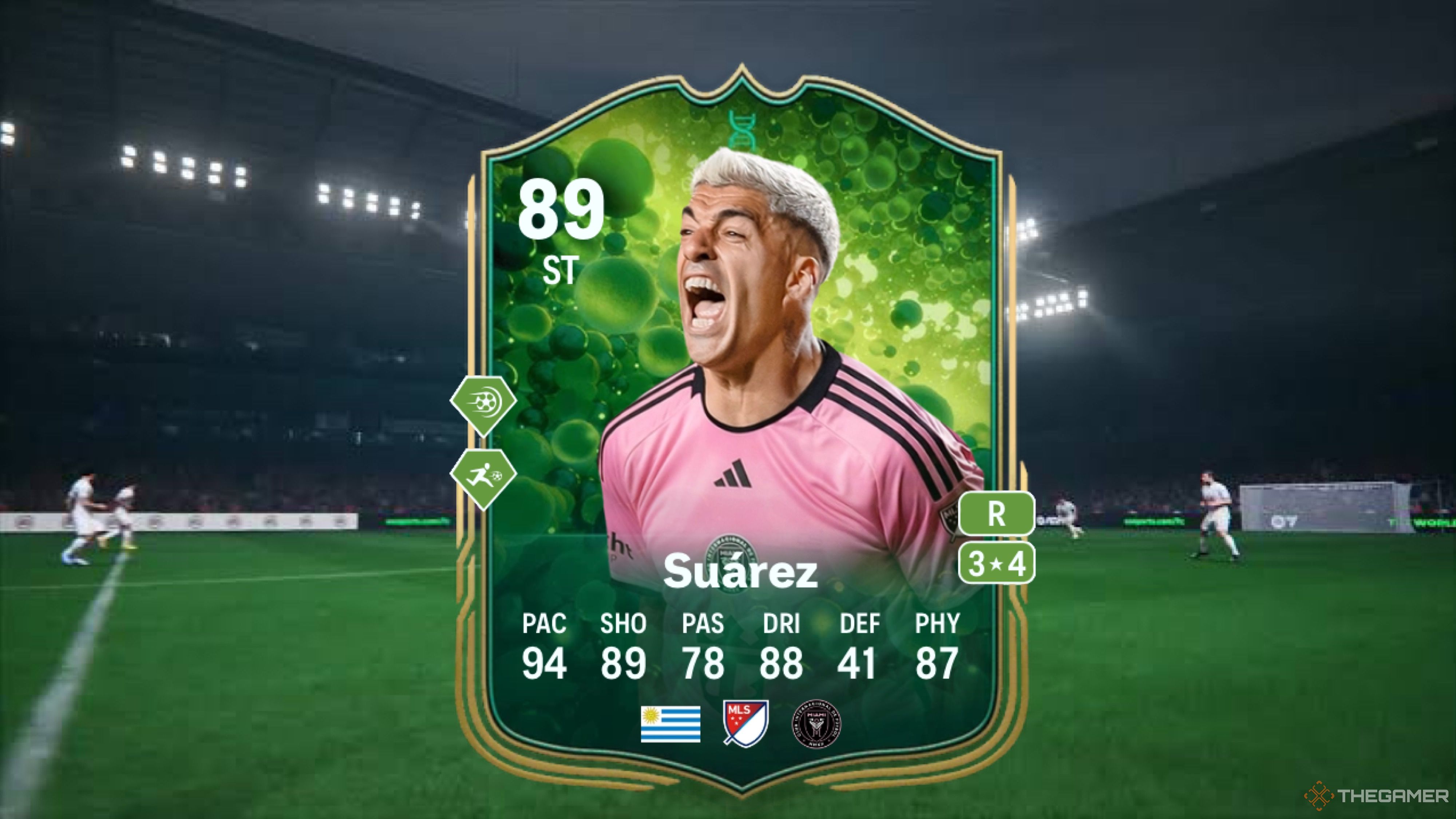 Image showing Suárez card against a faded pitch background.