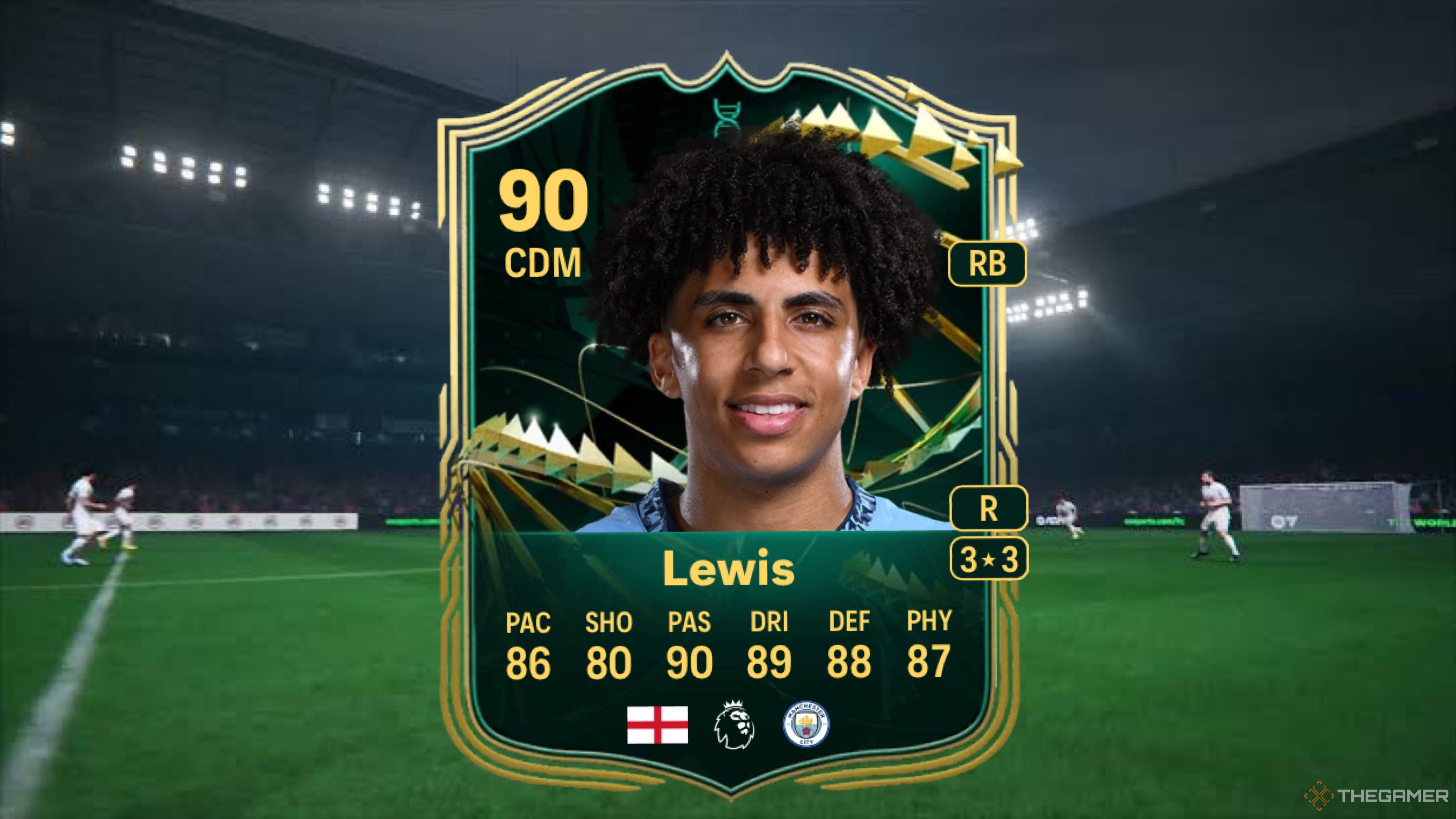 Image showing Lewis card against a faded pitch background.