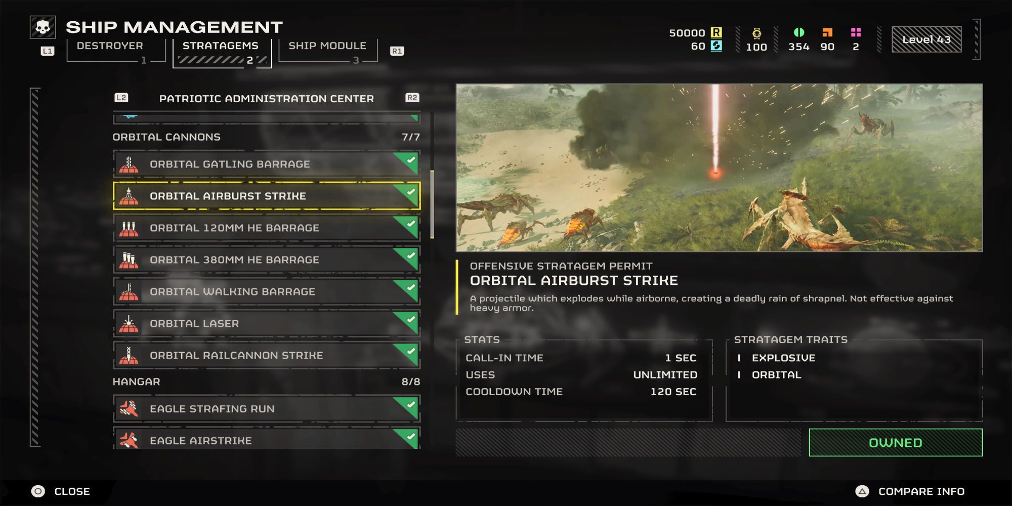 Helldiver 2's menu description for Orbital Airburst Strike