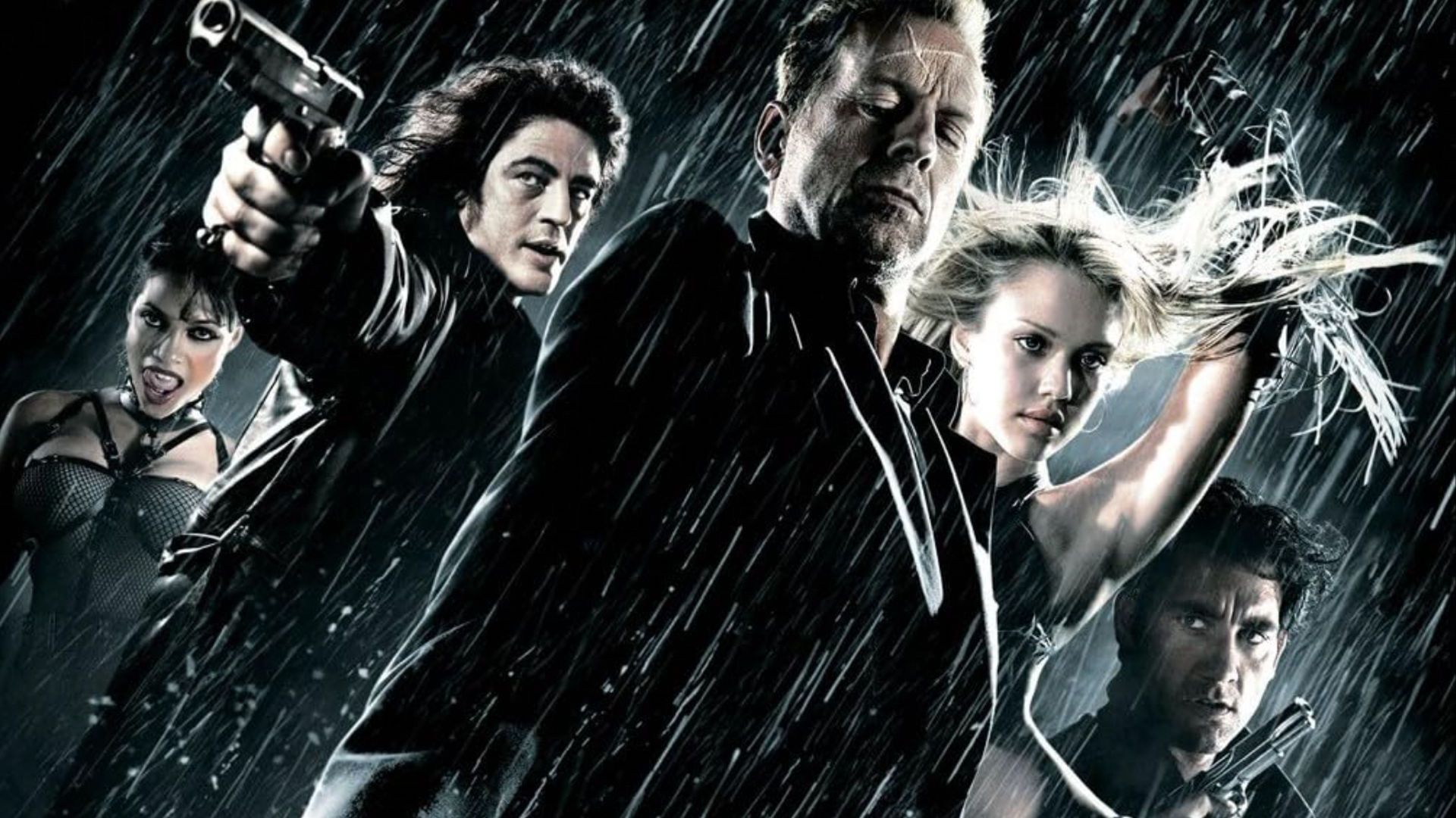 Sin City poster with its main stars against a stormy backdrop.