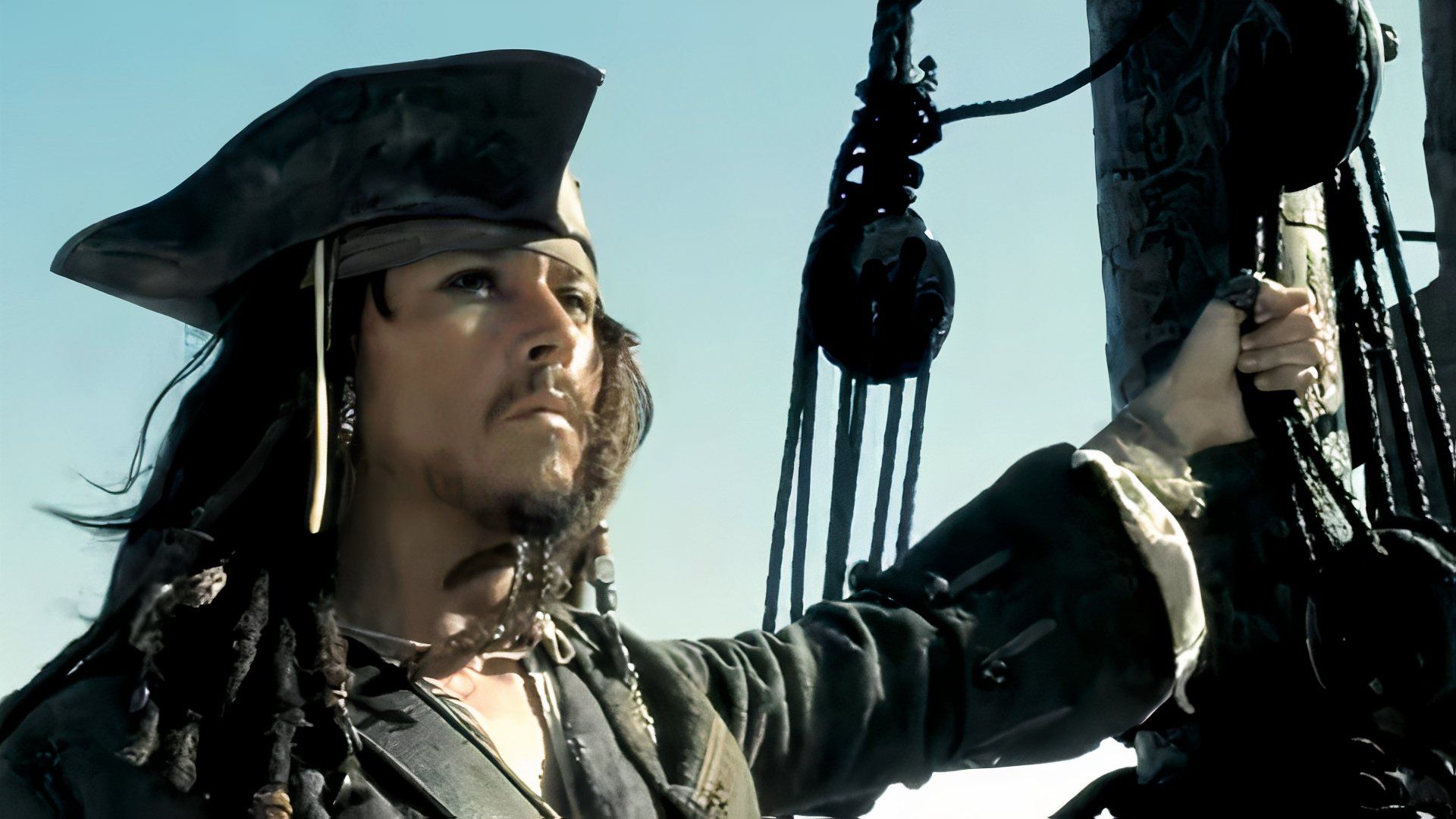 Johnny Depp standing on the Black Pearl in Pirates of the Caribbean: At World's End's trailer.