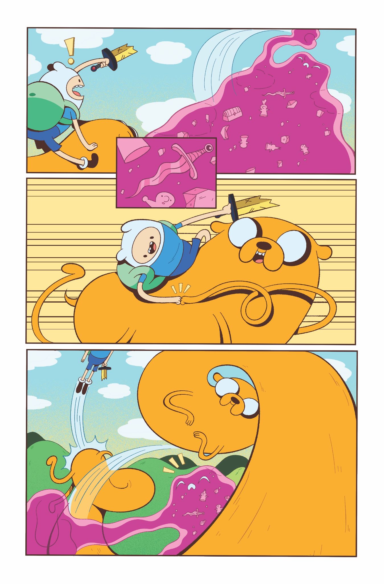 Interior pages from Adventure Time #1 show Finn and Jake getting into scrapes. 