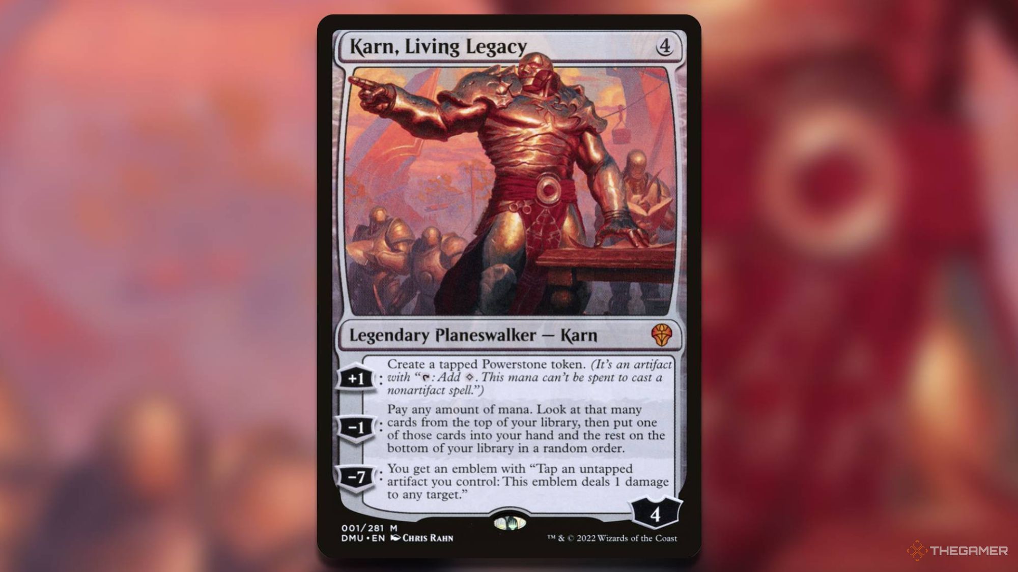 Karn gestures in front of several soldiers in the Karn Living Legacy Card.