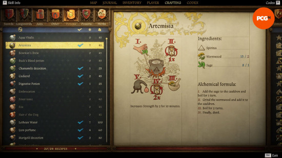 Kingdom Come Deliverance 2 potions: an old weathered page from a book showing the recipe for a potion named atremisia.