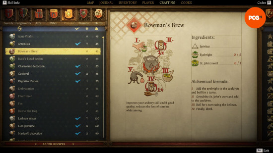 Kingdom Come Deliverance 2 potions: an old weathered page from a book showing the recipe for a potion named bowman's brew.