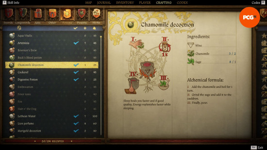 Kingdom Come Deliverance 2 potions: an old weathered page from a book showing the recipe for a potion named chamomile decoction.