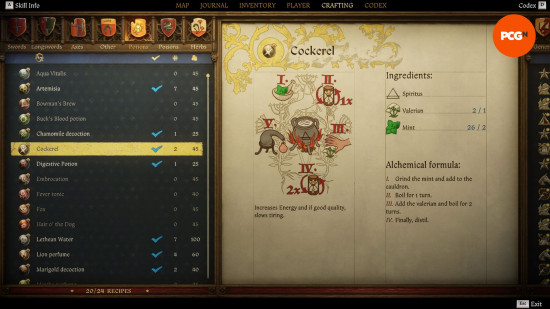 Kingdom Come Deliverance 2 potions: an old weathered page from a book showing the recipe for a potion named cockerel.