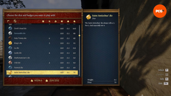 All KCD2 dice: a menu of items, with a dice highlighted.