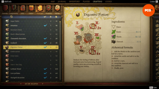 Kingdom Come Deliverance 2 potions: an old weathered page from a book showing the recipe for a potion named digestive potion.