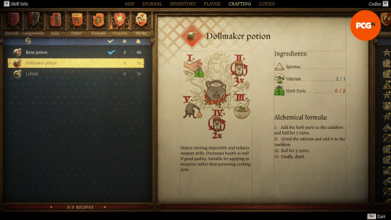 Kingdom Come Deliverance 2 potions: an old weathered page from a book showing the recipe for a potion named dollmaker.