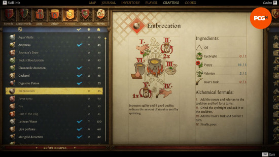 Kingdom Come Deliverance 2 potions: an old weathered page from a book showing the recipe for a potion named embrocation.