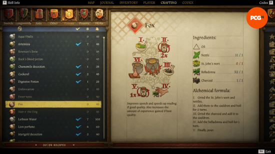 Kingdom Come Deliverance 2 potions: an old weathered page from a book showing the recipe for a potion named fox.