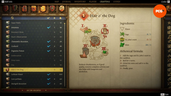 Kingdom Come Deliverance 2 potions: an old weathered page from a book showing the recipe for a potion named hair o the dog.