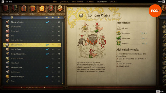 Kingdom Come Deliverance 2 potions: an old weathered page from a book showing the recipe for a potion named lethean water.