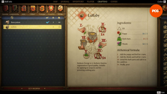 Kingdom Come Deliverance 2 potions: an old weathered page from a book showing the recipe for a potion named lullaby.