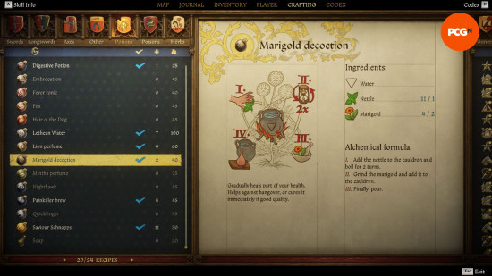 Kingdom Come Deliverance 2 potions: an old weathered page from a book showing the recipe for a potion named marigold decoction.