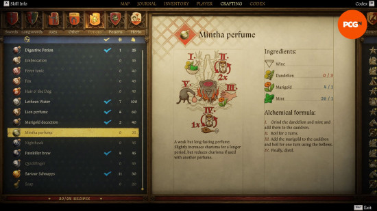 Kingdom Come Deliverance 2 potions: an old weathered page from a book showing the recipe for a potion named mintha perfume.