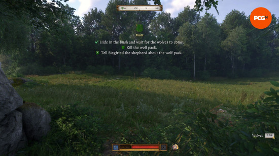 Kingdom Come Deliverance 2 Mutt: a green field of grass surrounded by leafy trees.