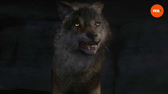 Kingdom Come Deliverance 2 Mutt: a fierce looking wolf emerges from a dark cave.