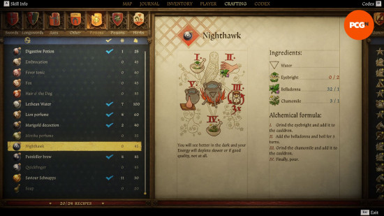 Kingdom Come Deliverance 2 potions: an old weathered page from a book showing the recipe for a potion named nighthawk.