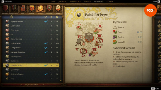 Kingdom Come Deliverance 2 potions: an old weathered page from a book showing the recipe for a potion named painkiller brew.