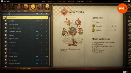 Kingdom Come Deliverance 2 potions: a page from an old textbook showing the recipe for a potion called Aqua Vitalis.