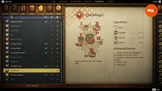 Kingdom Come Deliverance 2 potions: an old weathered page from a book showing the recipe for a potion named quickfinger.