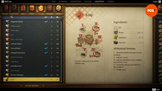 Kingdom Come Deliverance 2 potions: an old weathered page from a book showing the recipe for a potion named soap.