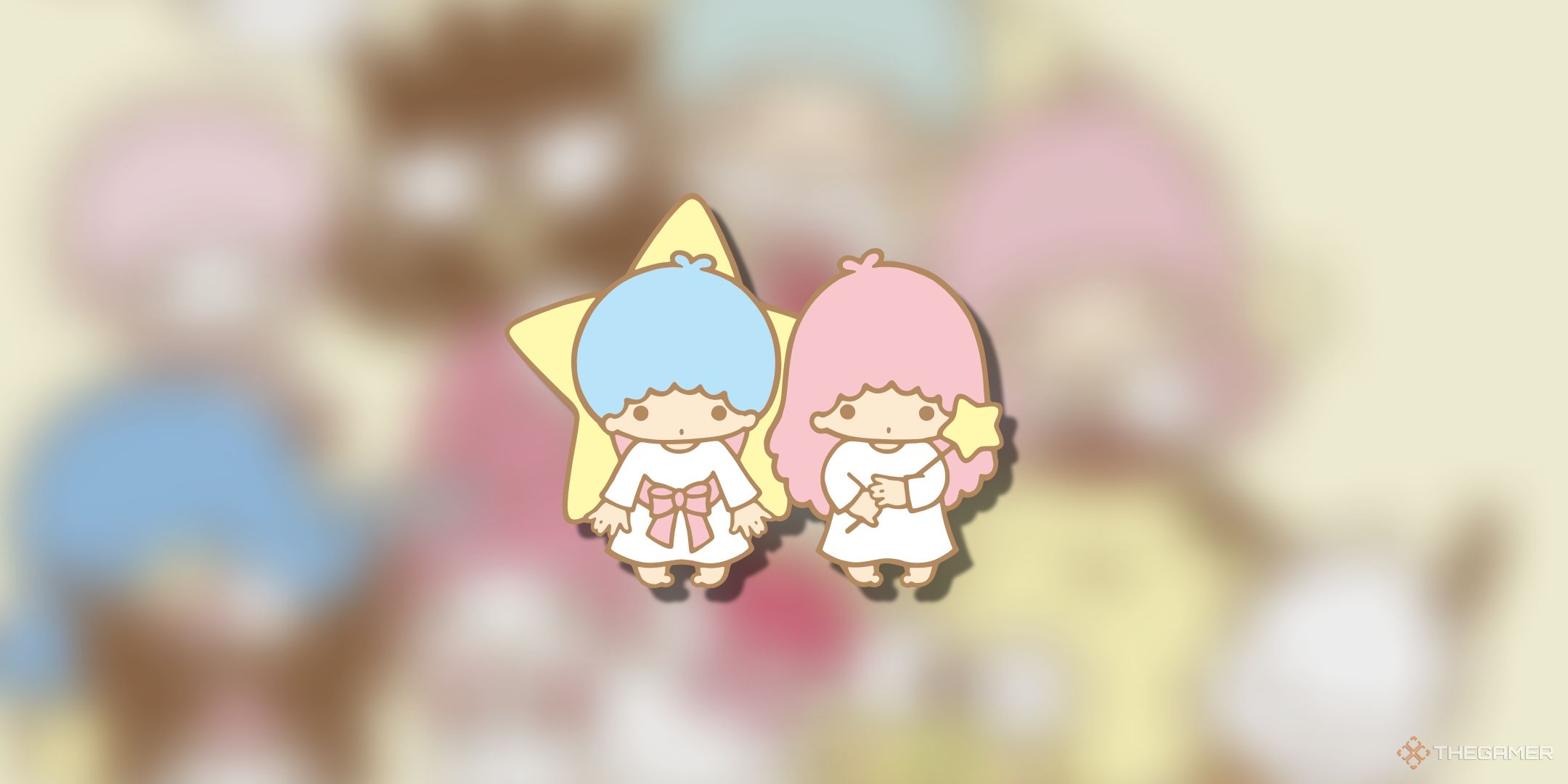 Kiki and Lala on a blurry Sanrio background.